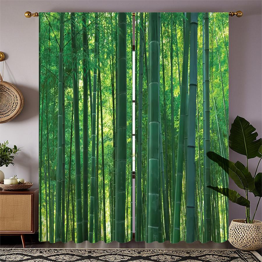 2 штуки штор с принтом зеленого бамбукового леса, шторы с кулиской, для спальни и гостиной, домашний декор, украшение комнаты