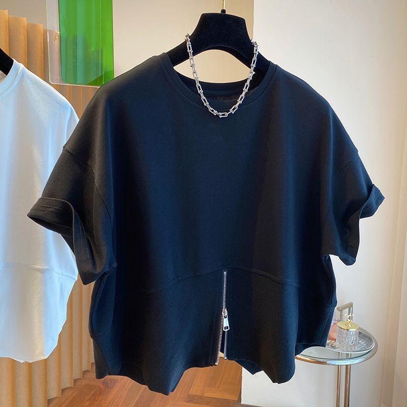 Женские летние дизайнерские свободные футболки на молнии Streetwear Повседневные простые с круглым вырезом Корейский стиль Студенты