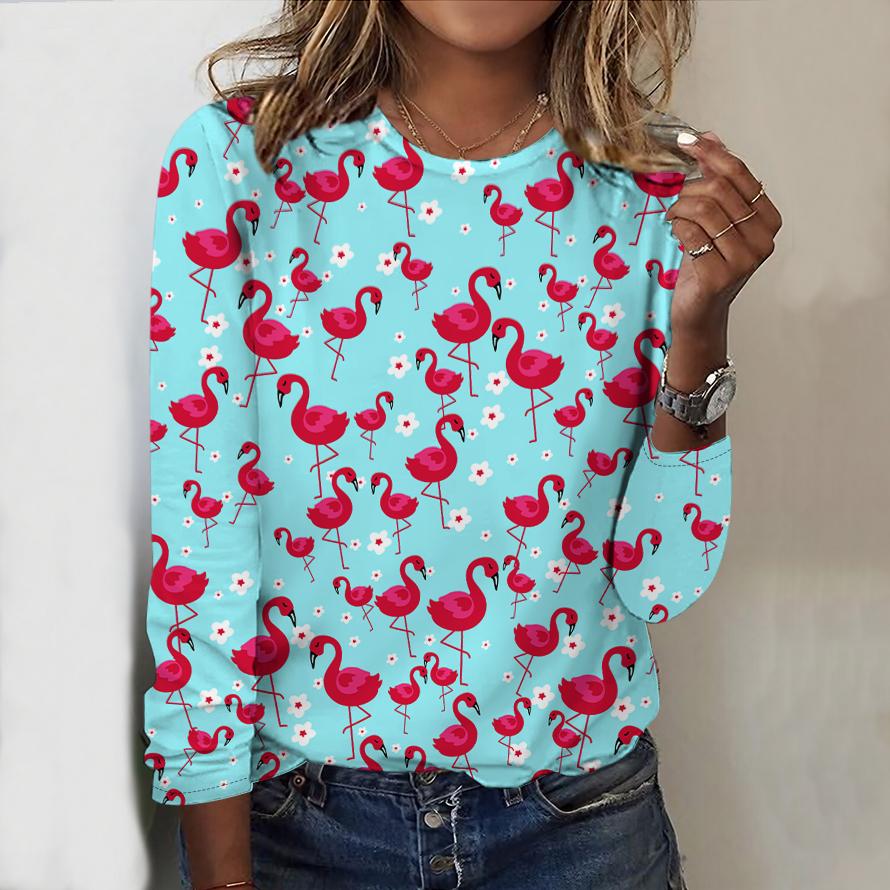 Tops For Women Colorful Flamingo Print Round Neck Long Sleeve T-shirt Fall Casual Slim Pullover Women's Long Sleeve Top