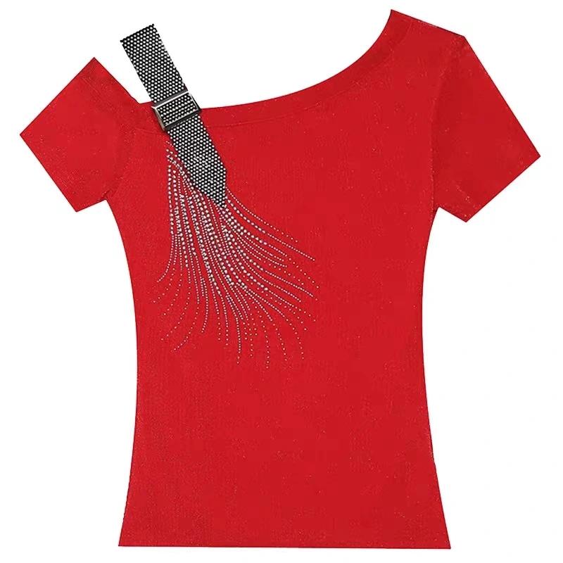 Летняя мода Европейская женская одежда Футболка Сексуальная с открытыми плечами Блестящие бриллианты Сетка Женские топы На все случаи жизни Футболки Блузка