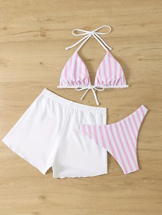 European and American new sexy bikini three-piece swimsuit women's shorts striped vacation swimsuit