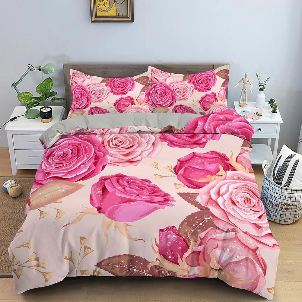 3D Rose Flower Duvet Cover Queen King Double Bedding Set 2/3pcs Quilt Cover with Zipper Closure King Size Polyester Quilt Cover