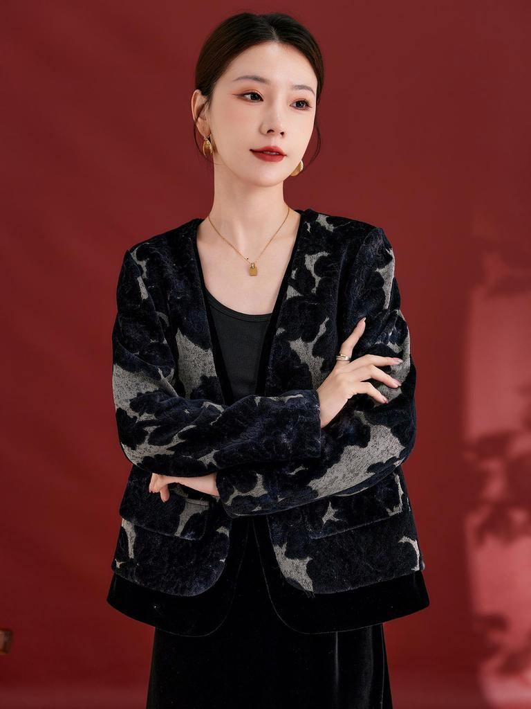 Пальто из бархата из тутового шелка на осень/зиму - Простое, с принтом, свободного кроя, приталенное, женская верхняя одежда 1297