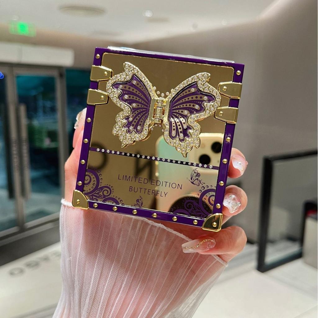 Samsung Z Flip6 Folding Screen Mobile Phone Case Suitable for ZFlip3 4 5 Mirror Butterfly Diamond Inlay Bracket Protection Case