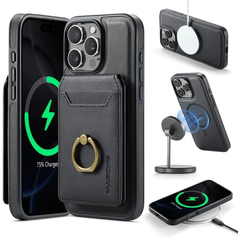 Магнитный беспроводной зарядный чехол-книжка из кожи для iPhone 17 Pro Max 16E 16 Plus 15 14 13 12 MagSafe Кошелек Чехол для карт Coque