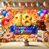 Glittering Golden Numeral 18 with Vibrant Candy Swirls, Rainbow Cake Slice, Chocolate Birthday Cake and Festive Bunting Flags, Milestone