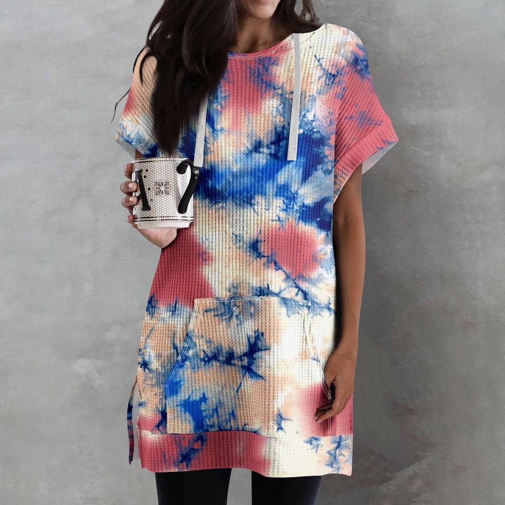 Женские свободные рубашки с принтом, толстовки с короткими рукавами и шнурком, вязаная туника с боковыми разрезами, топы с капюшоном и карманом