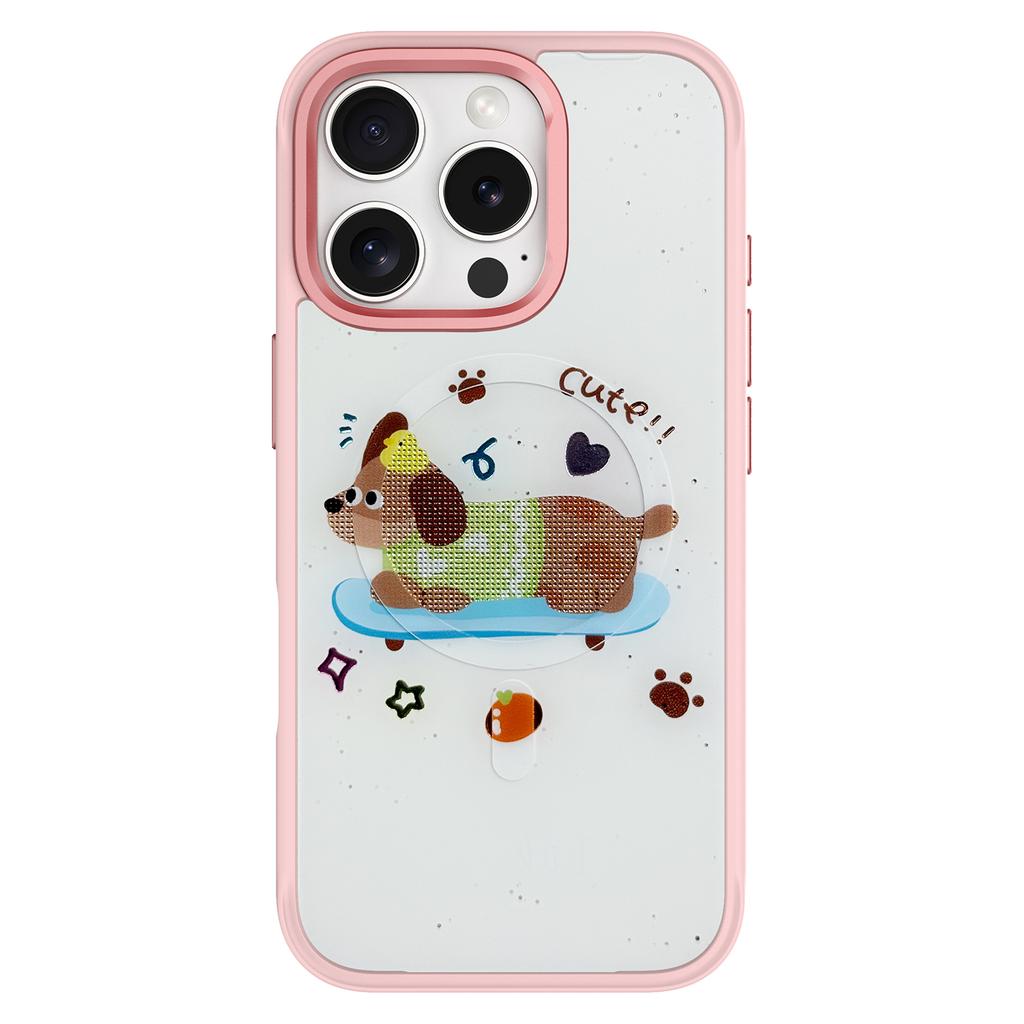 For iPhone 16 Pro Magnetic Case TPU PC Phone Cover with Skateboarding Dachshund Backplate