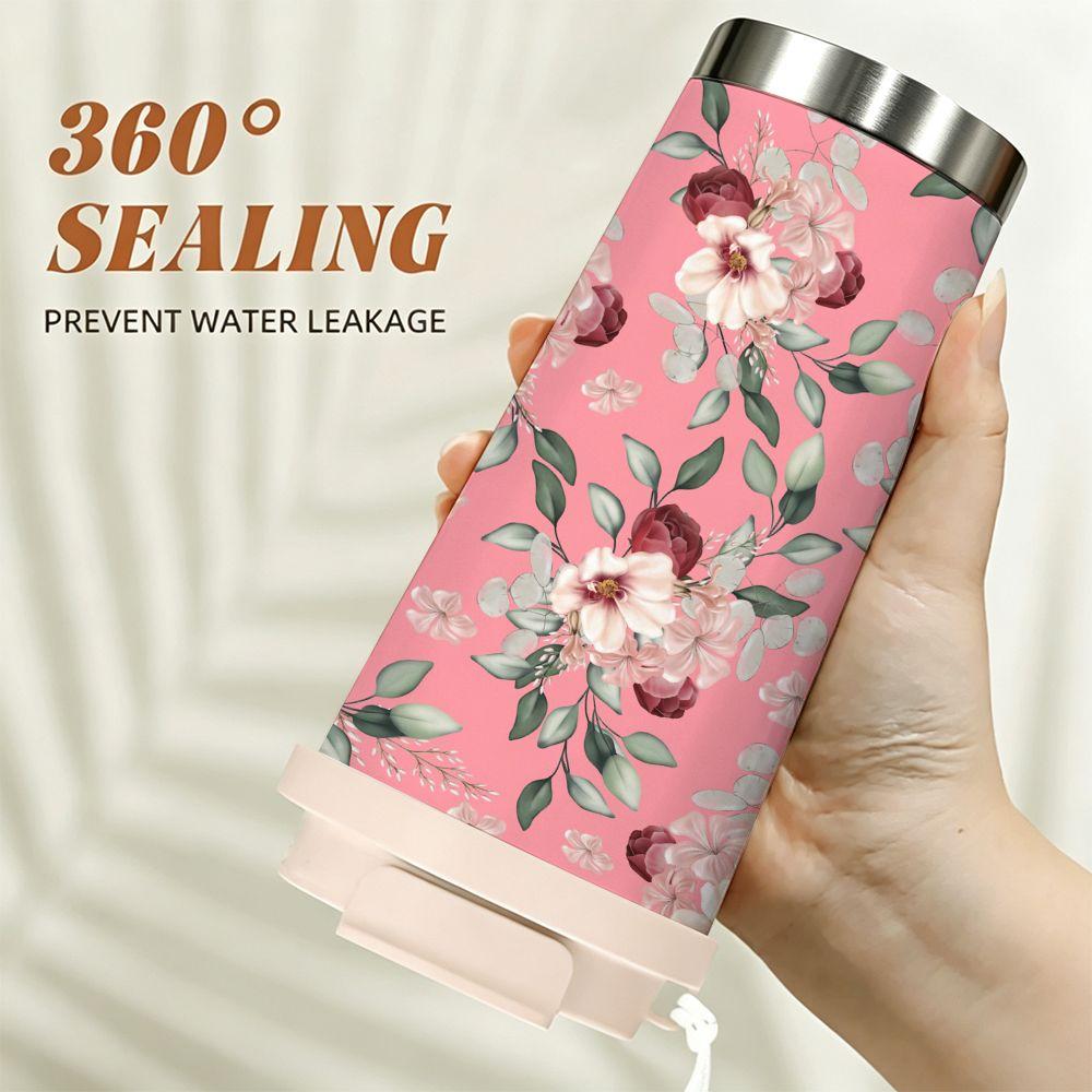 Vintage Floral Print Stainless Steel Insulated Coffee Tumbler Reusable Vacuum Thermal Cup,Portable Leakproof Drink Mug for Women Travel Gift