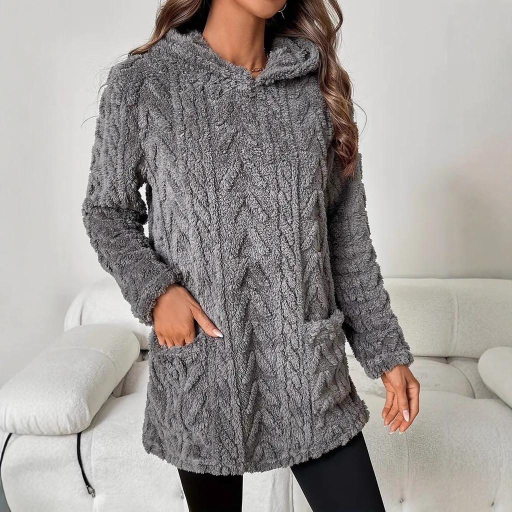 Женская модная повседневная толстовка с капюшоном однотонной расцветки свободного кроя с флисовыми карманами