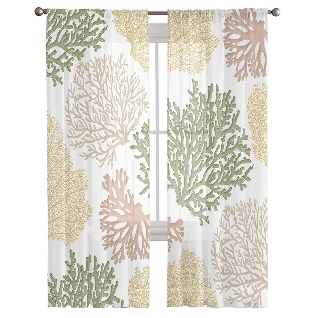 Желто-зеленые морские коралловые оконные тюлевые шторы для гостиной, кухни, современные оконные шторы из вуали