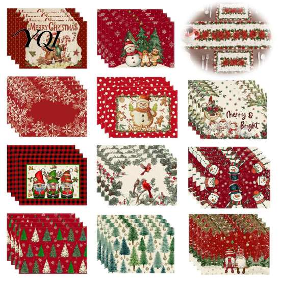 Linen Placemat Set 4Pcs Christmas Set, Cartoon Snowman Gingerbread Gnome Table Heat Insulation Pads Mat, Resistant Place Mat for Holiday Party