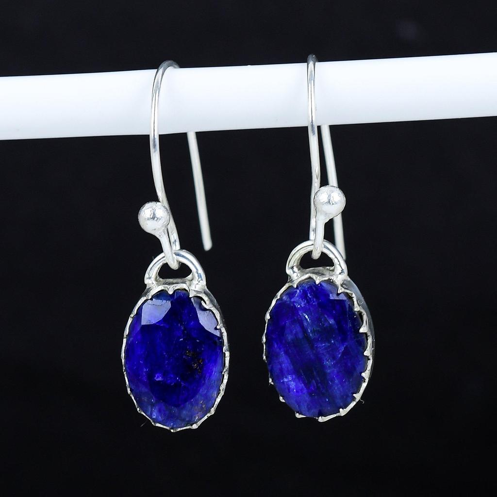 Blue Sapphire Gemstone 925 Sterling Silver Earring, Boho Silver Jewelry Dangle Earrings, Gifts For Wadding Gifts For Her