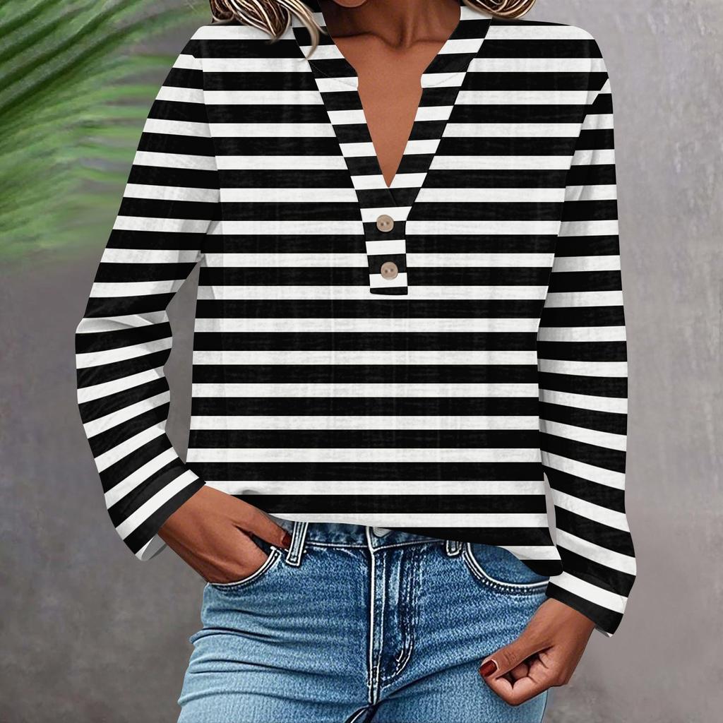 Women's Fashionable And Casual Shirt Long Sleeve V-neck Button Printed Blouse Top