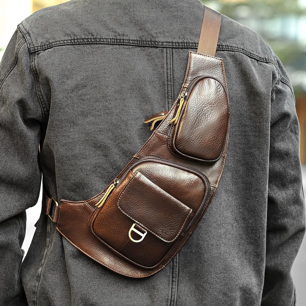 Retro Genuine Leather Chest Bag Men's Top-grain Cowhide Crossbody Bag Versatile and Casual Men's Crossbody Bag
