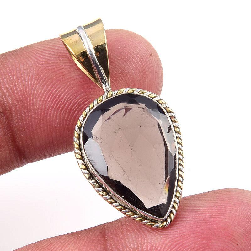 Natural Smoky Quartz 925 Solid Sterling Silver TwoTone Gift Pendant 1.25" D1n50