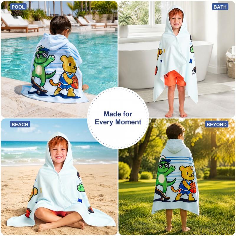 Kids Hooded Beach Towel With Dinosaur Skateboard Basketball Leopard Print - Quick Dry Microfiber 80x130cm