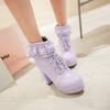Pink Chunky High Heel Japanese Lolita Shoes Butterfly-knot Ruffle Tassel Womens Cosplay Princess Ankle Boots Winter