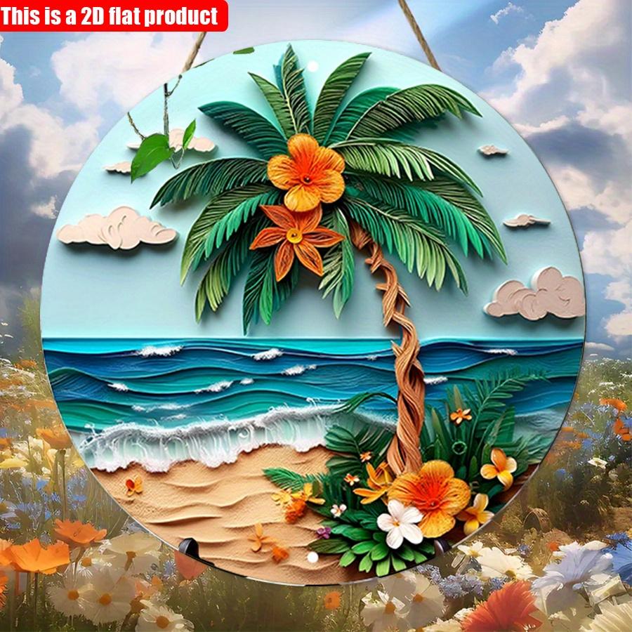 2D Flat 20*20cm1pc Tropical Beach Scenepalm Tree&colorful Flowers&waves Sign Door Signage, Blue Sky Beach Palm Tree Theme Wooden Round Wall Decor