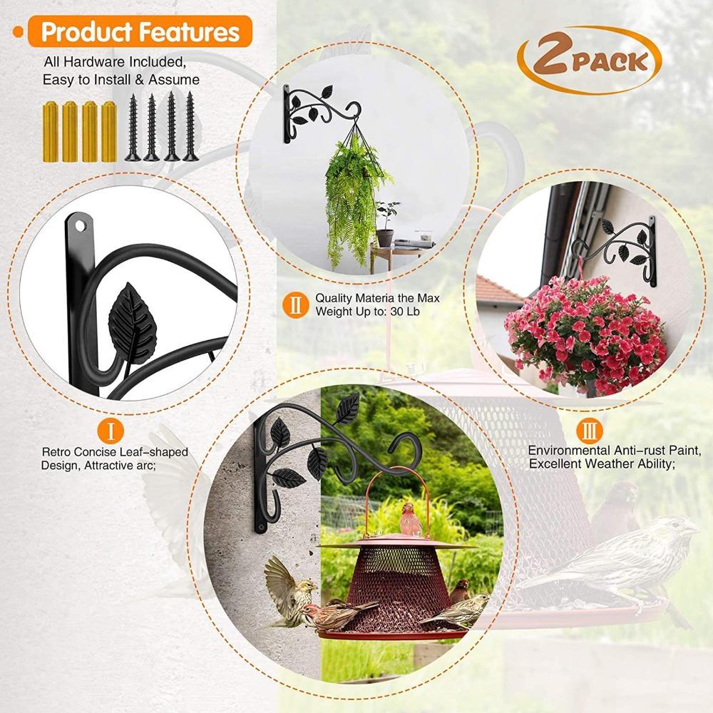 2pcs Black Wall Mount Plant Hook 11.97x8.46in Outdoor Plant Bracket Living Room
