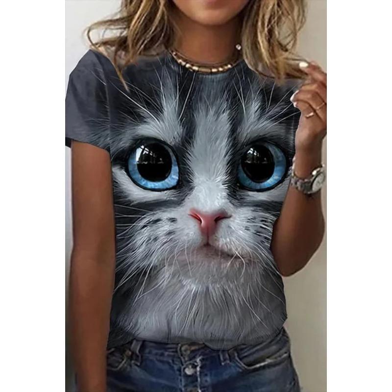 Летний топ с круглым вырезом и принтом 3D Cat, модные повседневные женские футболки с короткими рукавами