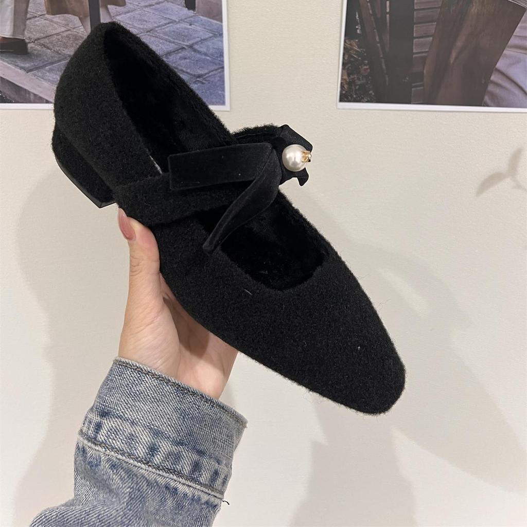 French Thick Heel Gray Single Shoes with Skirt Evening Shoes Women's Shoes 2025 Autumn and Winter Velvet Mary Jane Fluffy Shoes