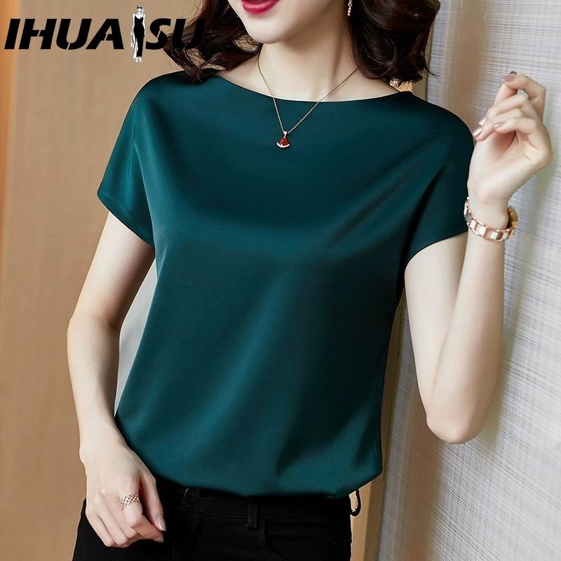 IHUASU Женские модные повседневные однотонные блузки и рубашки с коротким рукавом и круглым вырезом с принтом