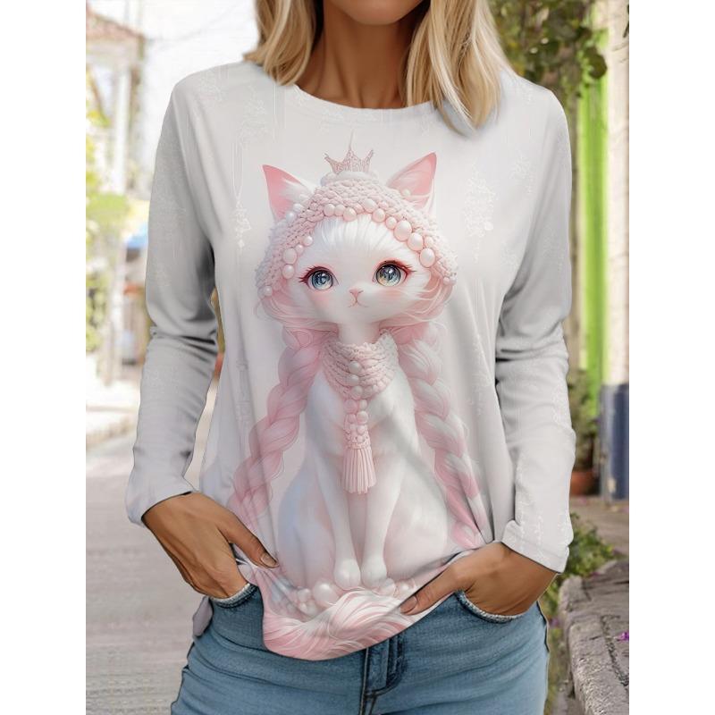 Autumn and Winter Women's Long Sleeve 3D Printed Kitten Cute Print T-Shirt Women's Streetwear Round Neck Long Sleeve