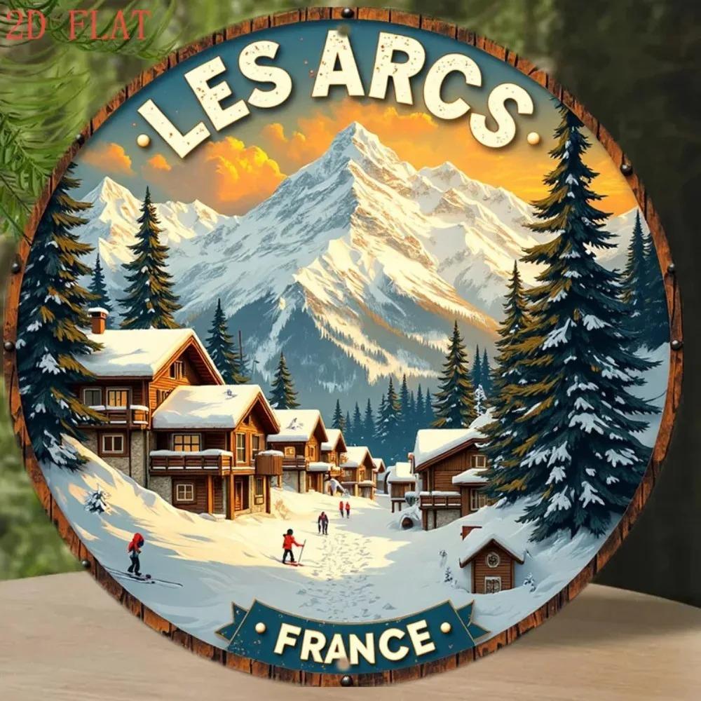 cm French Alps Ski Metal Wall Art Round Snowy Cabin Winter Home Decor Sign