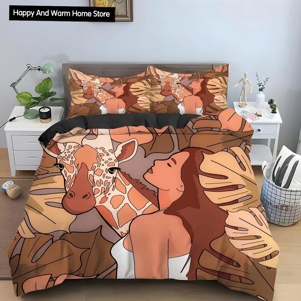 Cartoon Giraffe King Queen Duvet Cover Boys Girls Animal Bedding Set Wildlife Quilt Cover Polyester Comforter