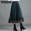 Золотые бархатные плиссированные элегантные вечерние женские юбки, осенне-зимняя модная кружевная сетчатая лоскутная юбка трапециевидной формы с высокой талией для женщин