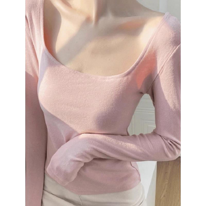 Топ с квадратным вырезом, открывающий ключицы, розовый, весенний, полированный внутри, с длинным рукавом, облегающий и тонкий, универсальная базовая рубашка с чистым желанием