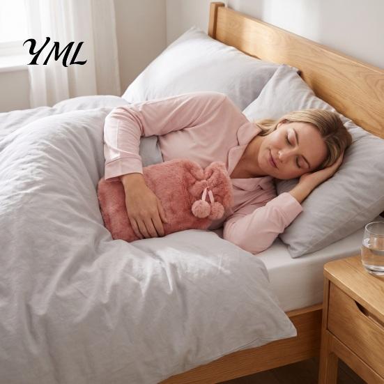 Explosion Proof Hot Water Bag 2L Bottle with Plush Cover, Pompom Drawstring Portable Bag, Winter Warm for Hands, Feet, Stomach