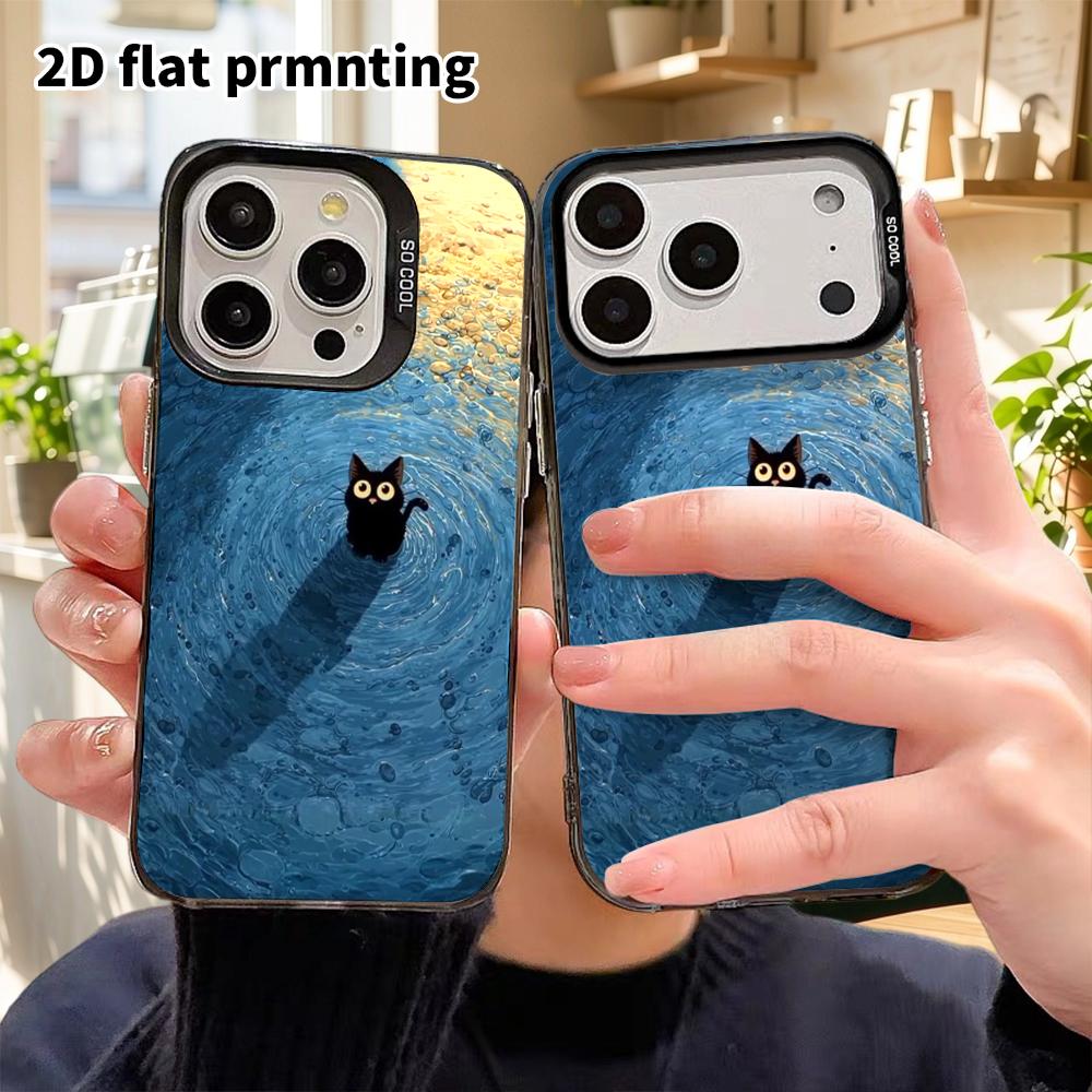 Phone Case: 2D flat design suitable for iPhone 18 17 16 15 14 13 Pro, colorful silver protective case, couple style, little black cat in water, Christ