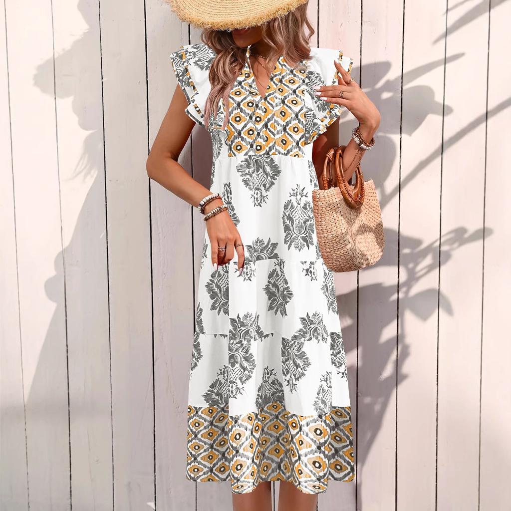 Women's Summer Flying Sleeves V-neck Dress Floral Print Stand Collar Midi Dress