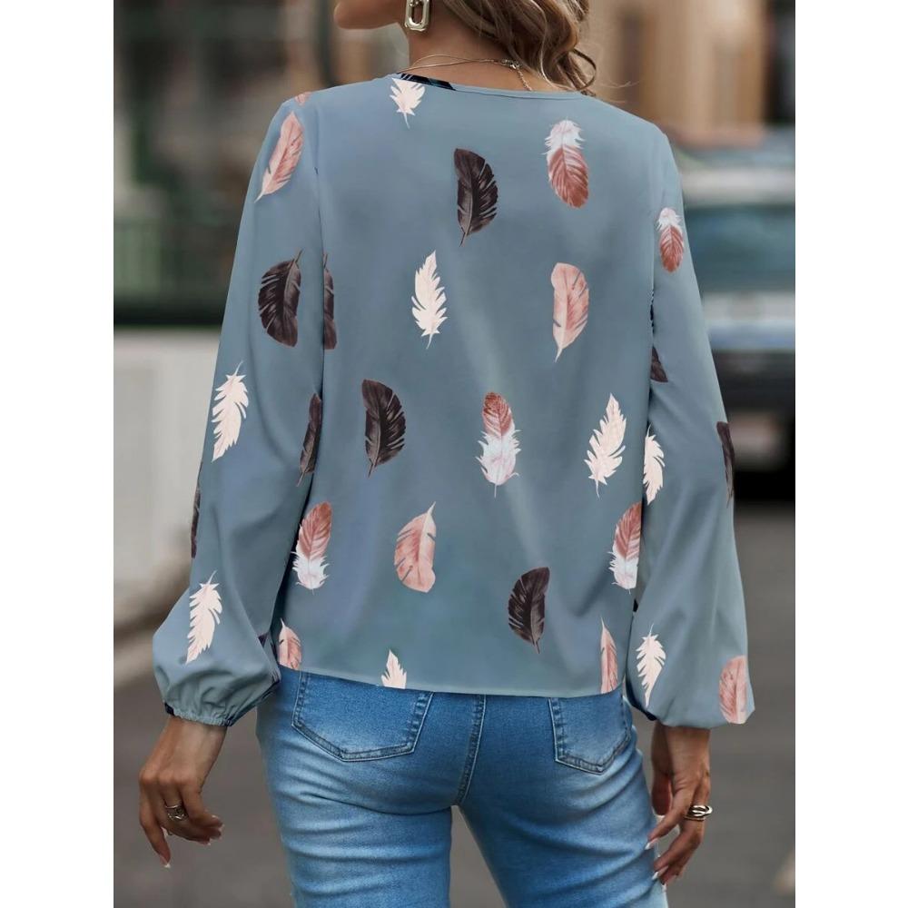 GMXIA Women's Spring Summer V-neck Feather Print Long Sleeve Loose T-shirt Top for Women