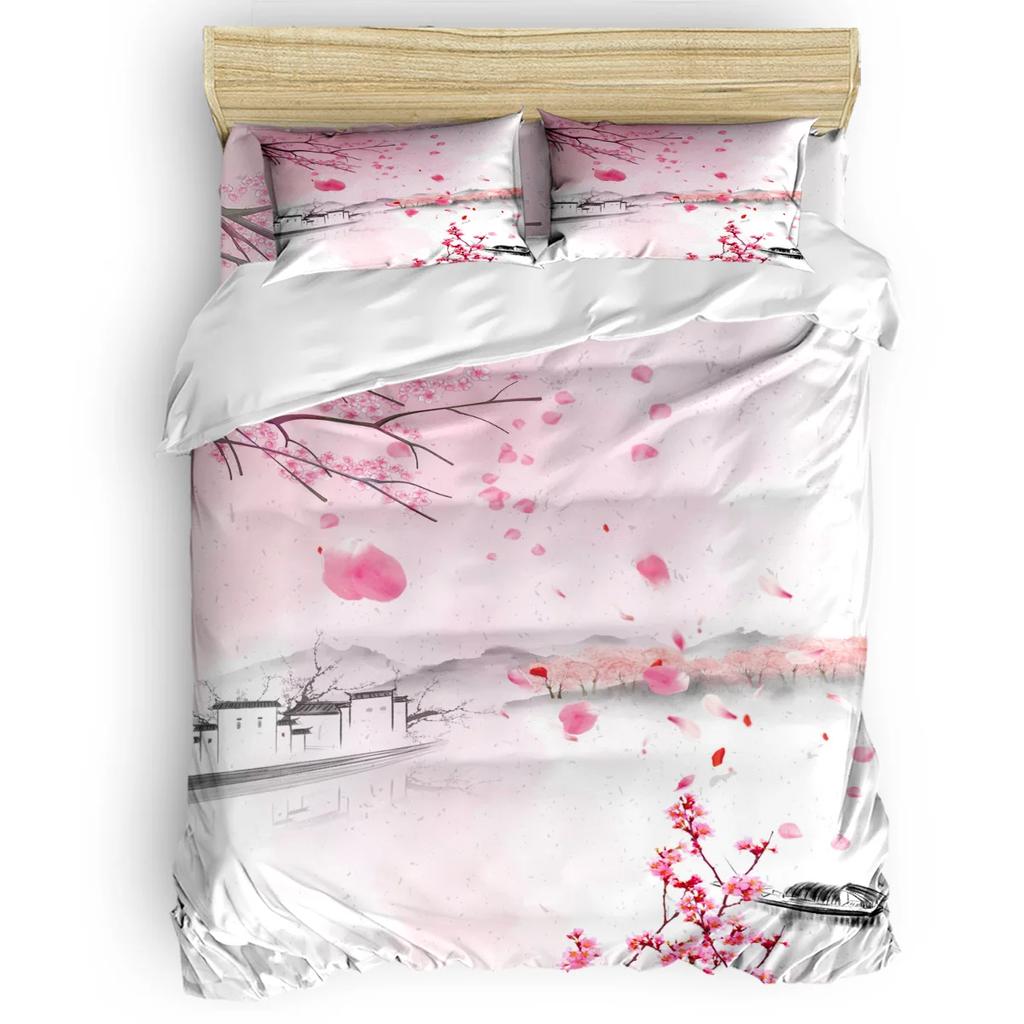 Комплект постельного белья нежно-розового цвета, ветка сакуры с цветами вишни, нежная японская весна, декоративный комплект постельного белья из 3 предметов, размер King Size