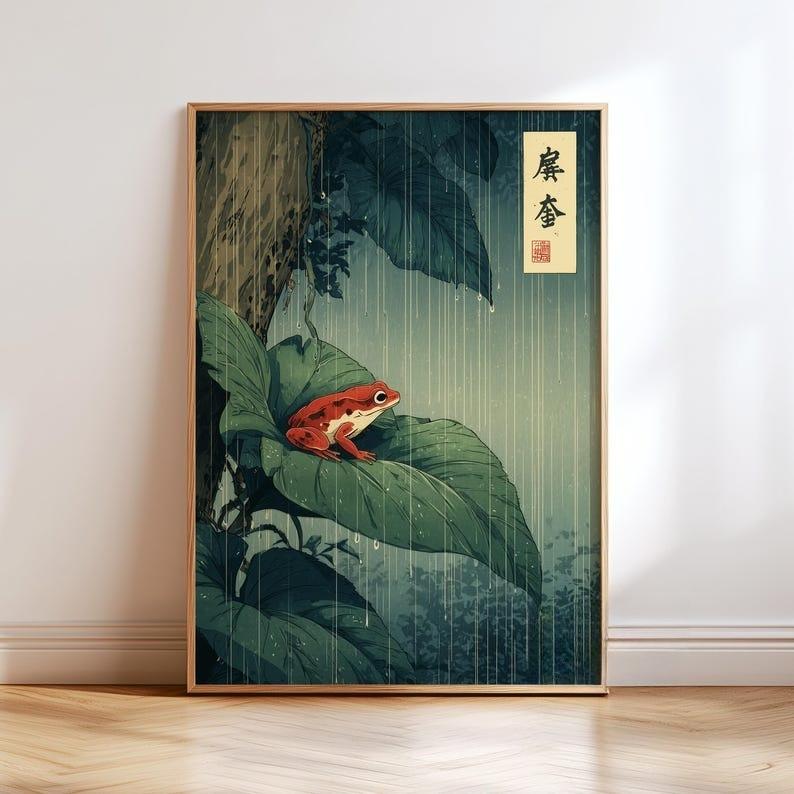 1pc Japanese Frog Canvas Wall Art, Unframed Vintage Rainforest Wall Art Print, Red Frog on Leaf Poster For Living room tion