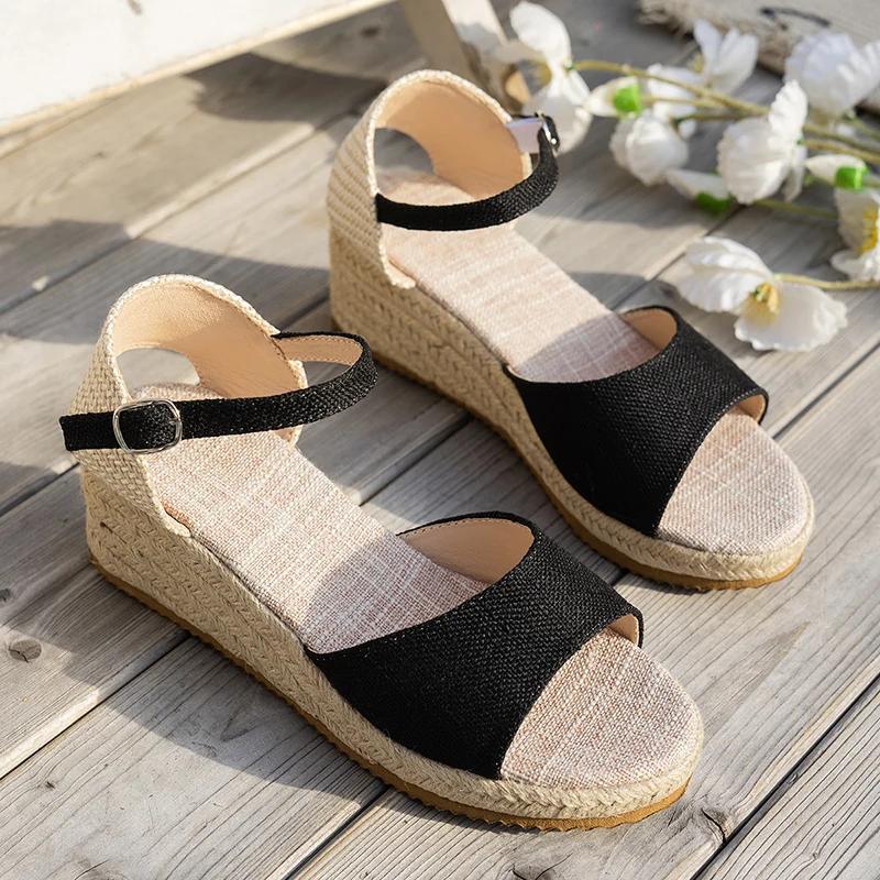 Fashion Zoki Buckle Strap Wedge Heel Sandal for Women Summer Woven Thick Bottom Gladiator Sandalias Mujer Non Slip Platform Sandles 43