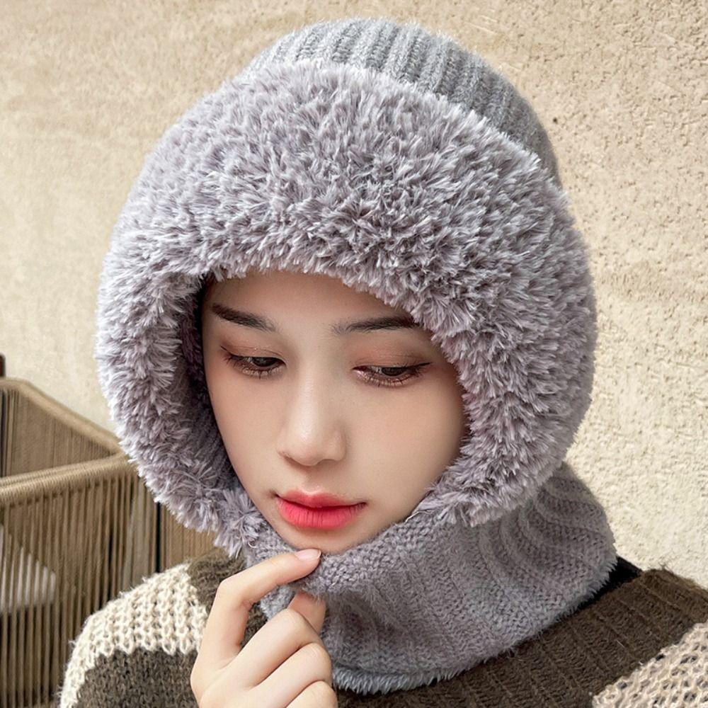 Plush Knitted Beanies Hat Solid Color Mask Neck Cover Set Fashion Balaclavas Hat Male