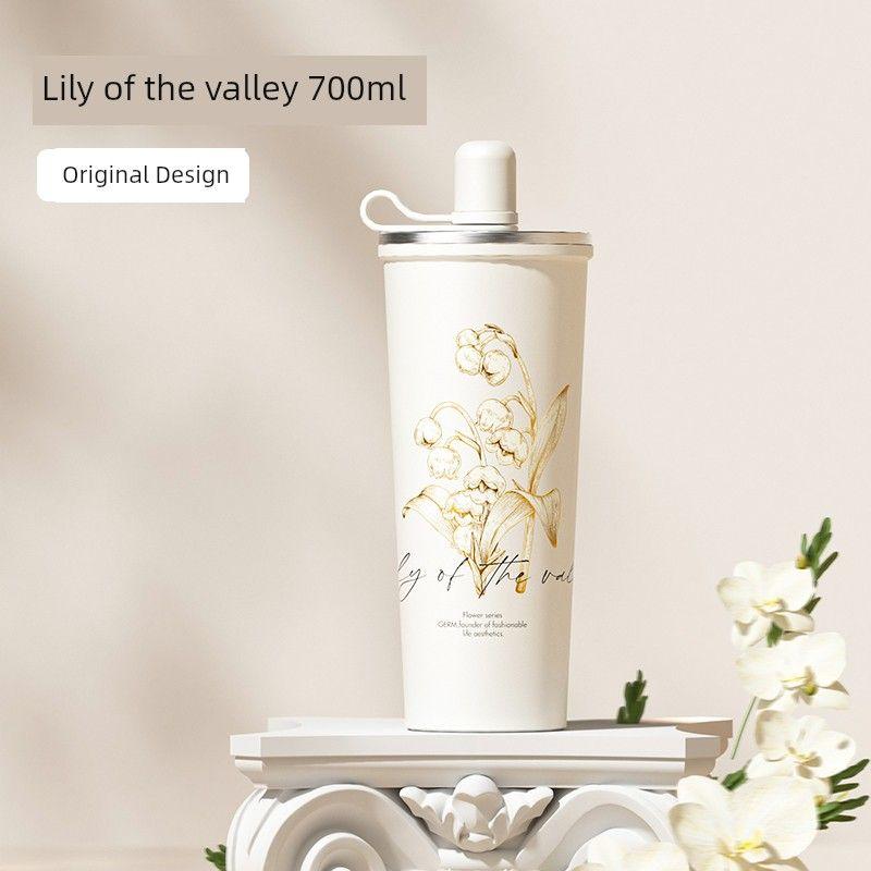 Germ Floral Large-Capacity Thermos Cup Coffee Cup for Women High-Value Water Cup Straw Cup Birthday Gift 25 New Models