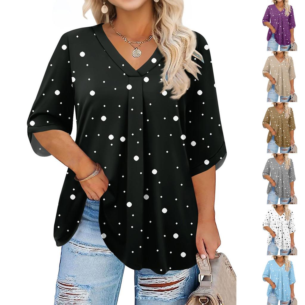 Women's Fashion Large Size Print V-Neck Three-quarter Sleeve Top