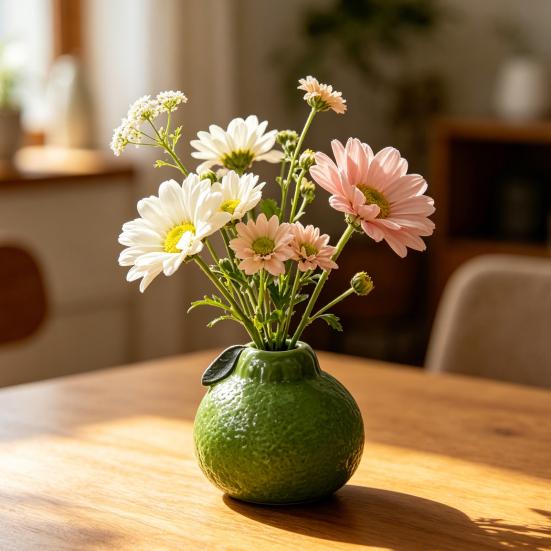 Orange Shaped Decorative Ceramic Bud Vase, Modern Fruit Design Small Hydroponic Planter for Home, Room, Office, Tabletop Decor