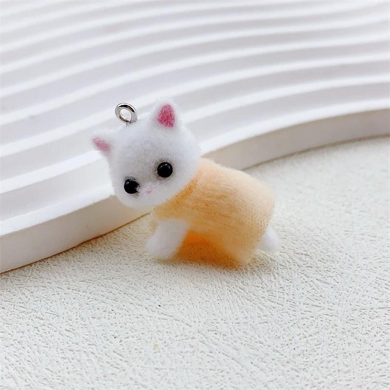 Платье Кот Кулон Милый 3D Мохнатый Флок Животное Кошка Шармы Миниатюрные Куклы Брелок Подвеска DIY Поделки Украшения Сделать