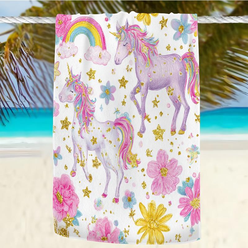 1pc Unicorn Beach Towel with Watercolor Unicorns Pink Flowers Golden Stars and Rainbow Bath Towels Soft Microfiber Fabric Unisex