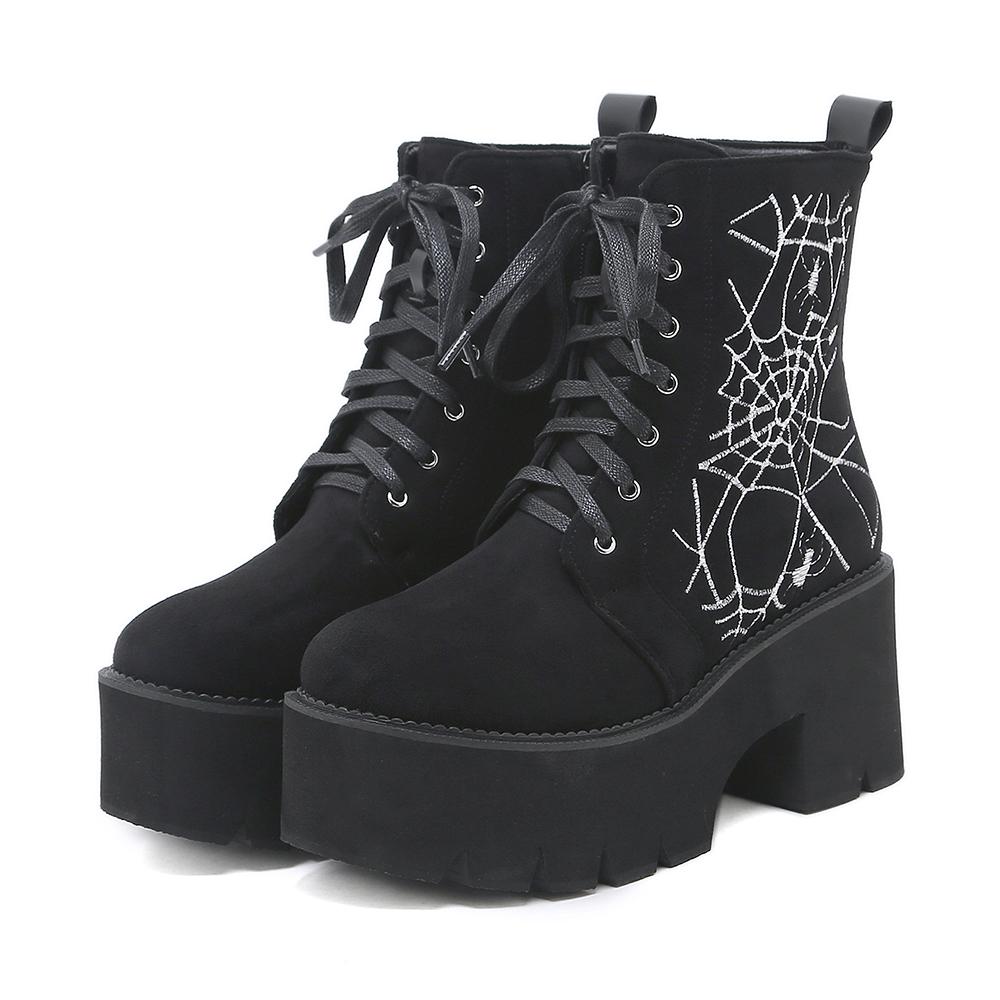 Gdgydh Women's Spider Pattern Chunky Heel Boots Fashion Lace Up Side Zipper Stylish Punk Style Boots Platform Heels
