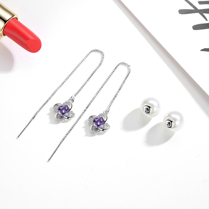 Женская корейская мода 925 посеребренная антиаллергенная жемчужина циркон кристалл счастливый лист трава линия ушей висячие серьги-гвоздики женские украшения для ушей подарок