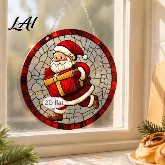 Double Sided Festive Window Art Christmas Acrylic Hanging Decor 2D Holographic Stained Glass Decorations Ornament with Metal Chain Double-sided