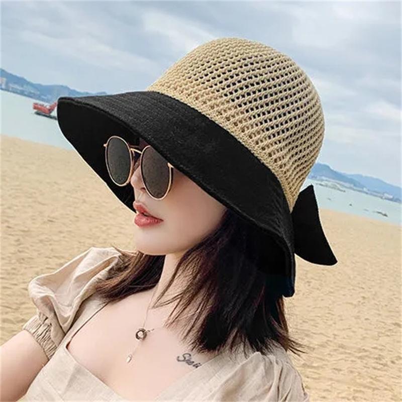 Woman Summer Hats with Sun Visor Straw Hat Hollow Fashion Bow Design Sun Hat Travel Mesh Bucket Hat