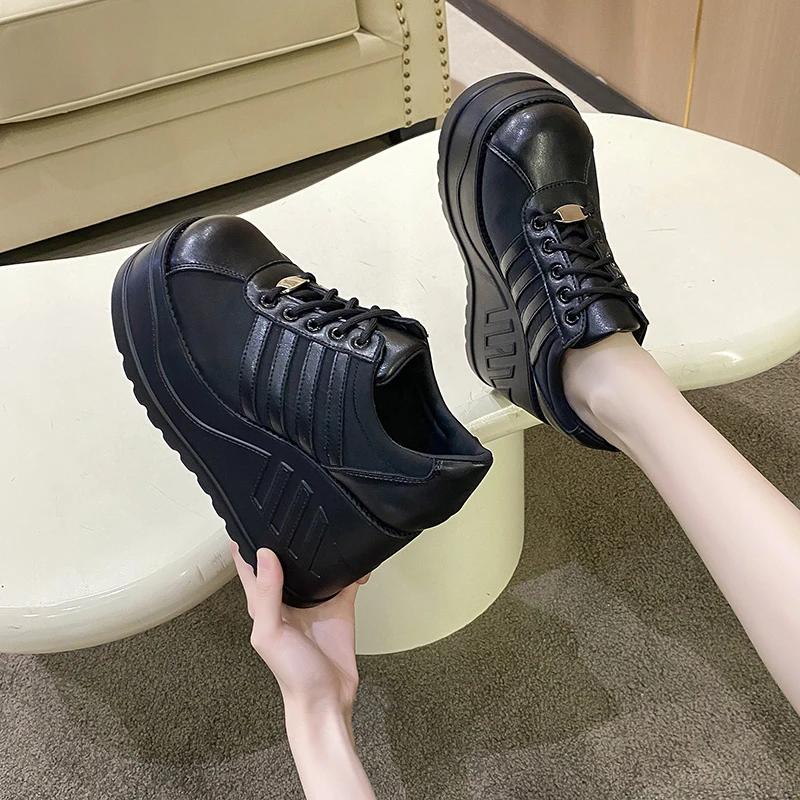 Spring/autumn High Heel Fashion Sneakers Lace-up Solid Ladies Shoes On Sale 2024 High Quality Wedges Women's Vulcanize Shoes